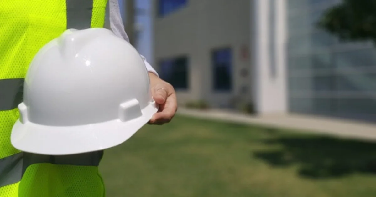 Worker holding white hard hat outdoors