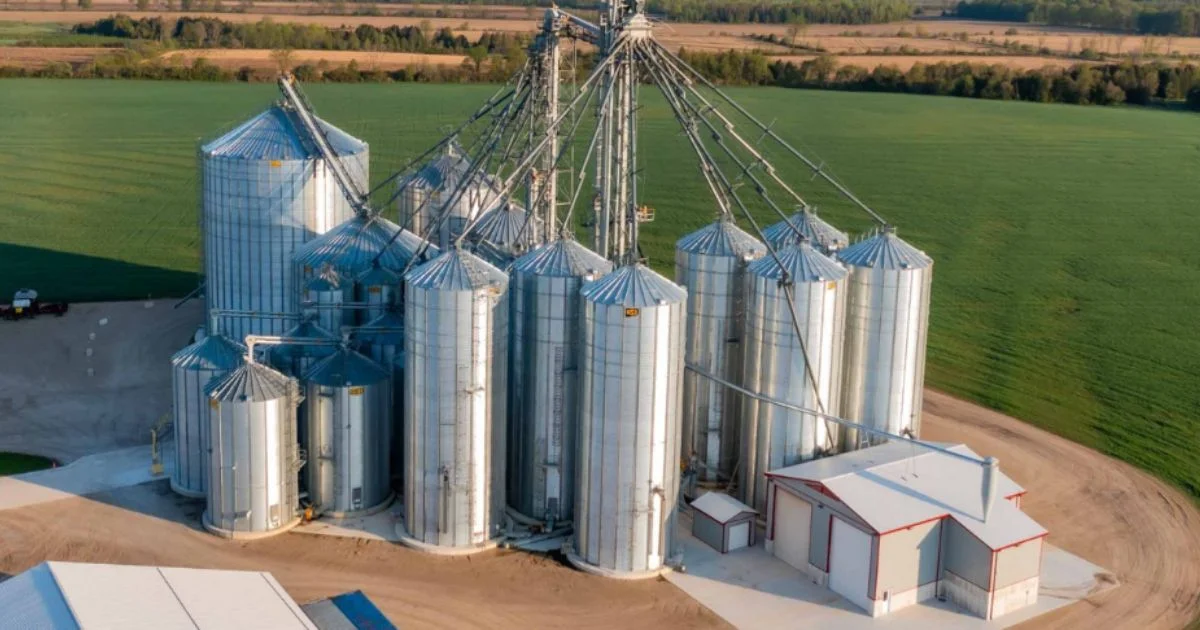 Aerial view of farm grain storage system