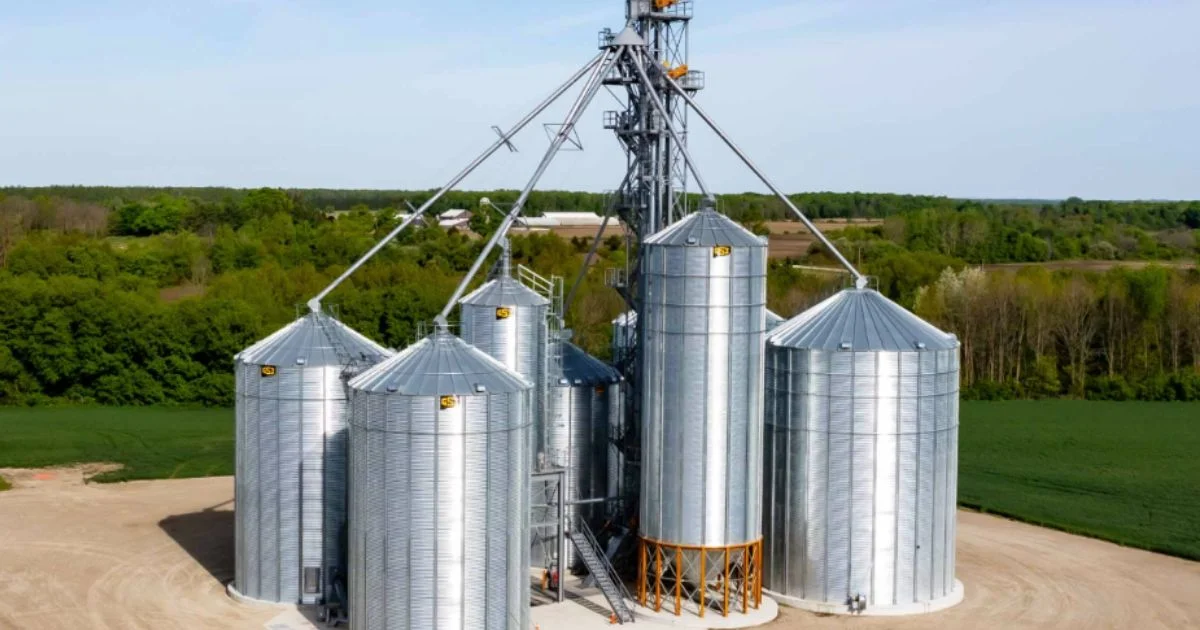 Large grain storage silos at agricultural facility