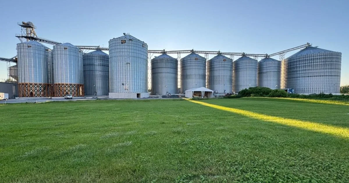 Large row of metal grain silos on farm