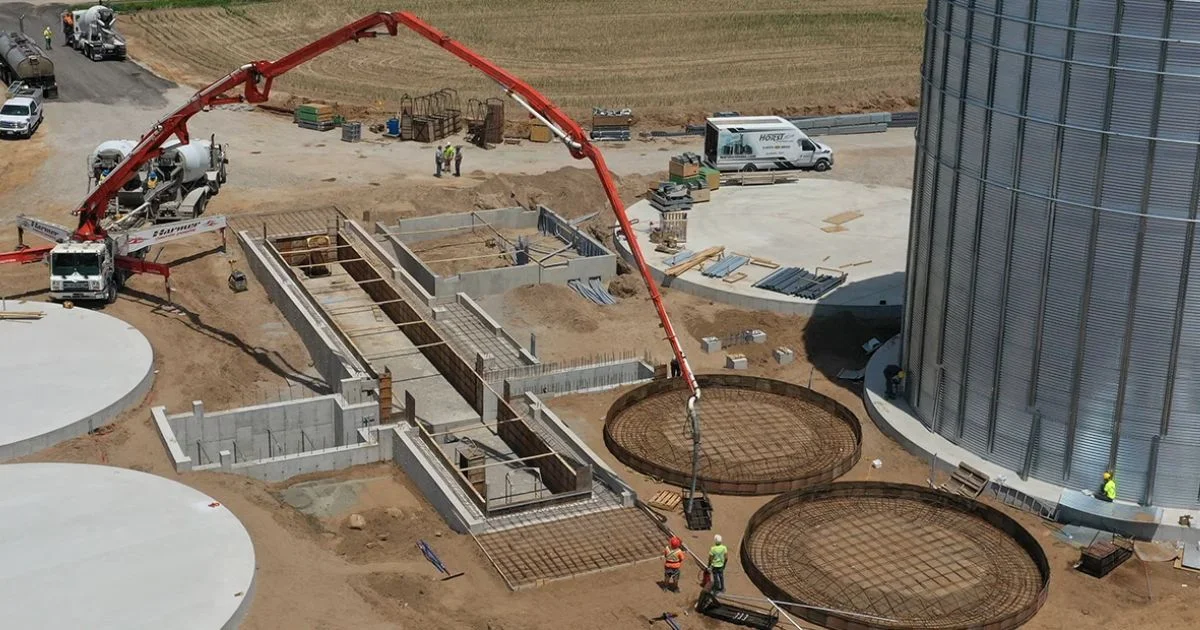 Concrete foundation poured for grain storage facility