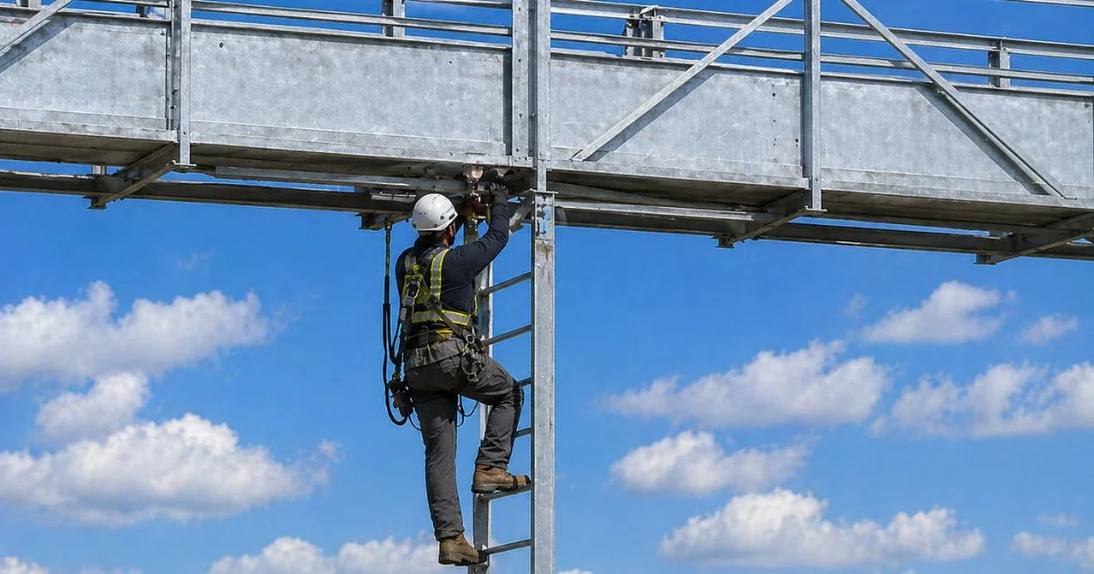 Millwright climbing ladder inspecting industrial steel structure